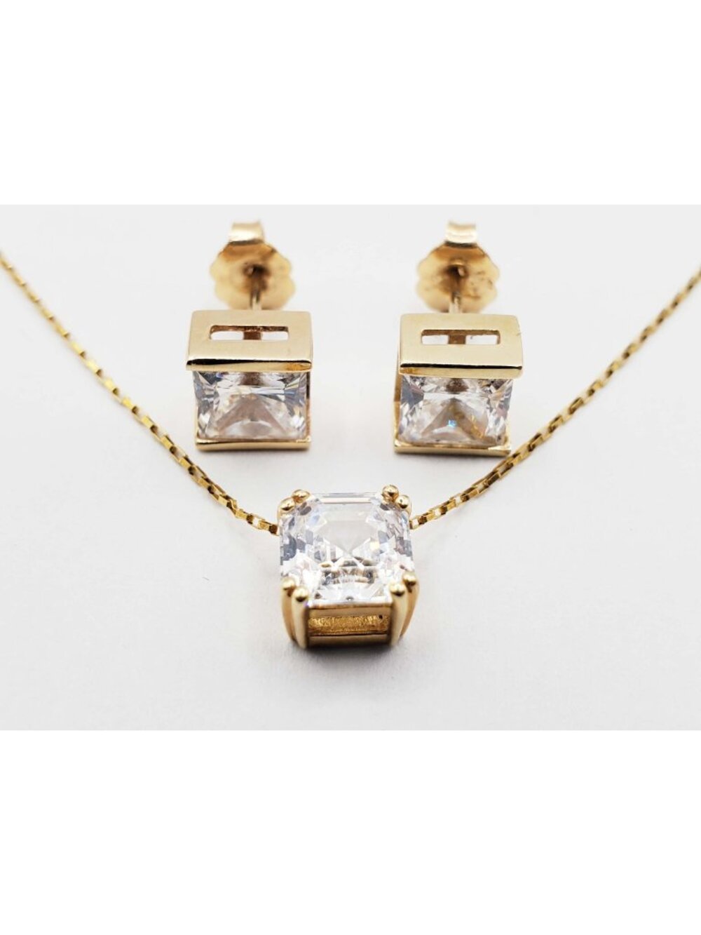 Square & Em-Cut CZ Earrings & Pendant Necklace Set 14k Gold